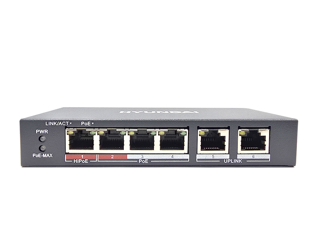Hyundai HYU-821, 4-Port Unmanaged Commercial Switch, 1-port 10/100M Hi-PoE + 3 10/100M PoE ports + 2 Uplink ports