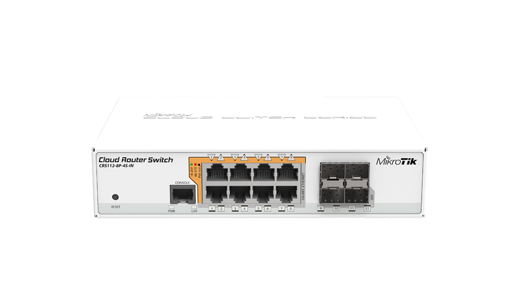 Mikrotik CRS112-8P-4S-IN, 8-Port Cloud Router Gigabit Switch, 8x 1GbE ports, 2x 1Gb SFP ports, 802.3af/at PoE/PoE+ and Passive PoE